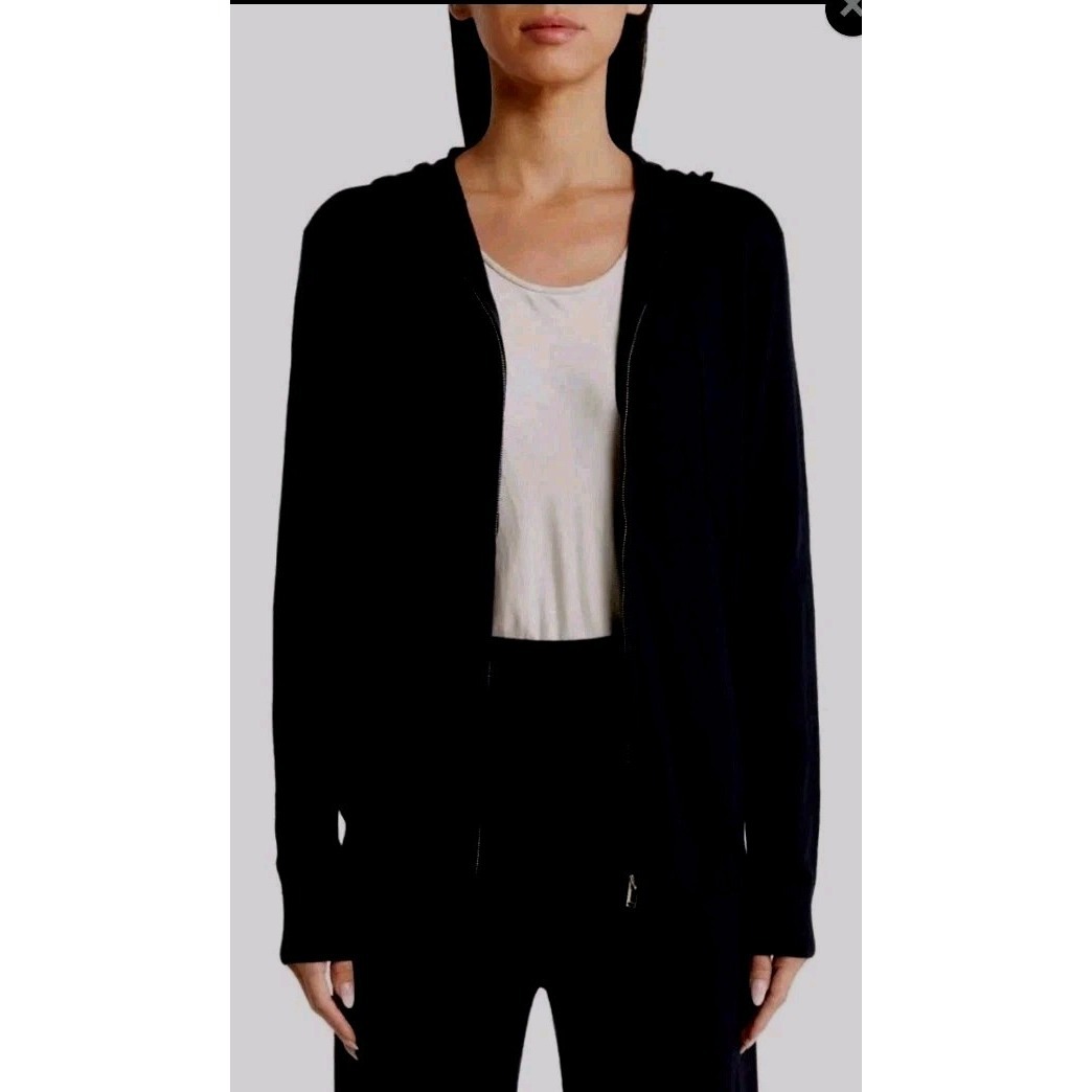 St. John Black Wool Blend Full Zip Hooded Sweater L Pockets Classic Luxury Chic